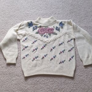 Alfred Dunner Cream Sweater with Floral Embroidery
